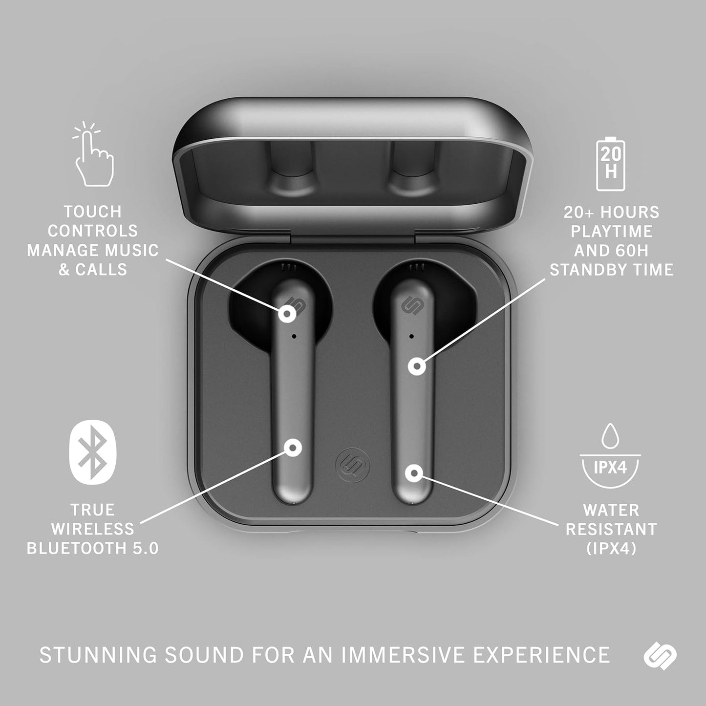 True Wireless Earbuds - over 20 Hours Playtime, IPX4 Waterproof Earphones, Bluetooth 5.0 Headphones, Touch Controls & Enhanced Microphone for Clear Calling, Stockholm Plus, Titanium