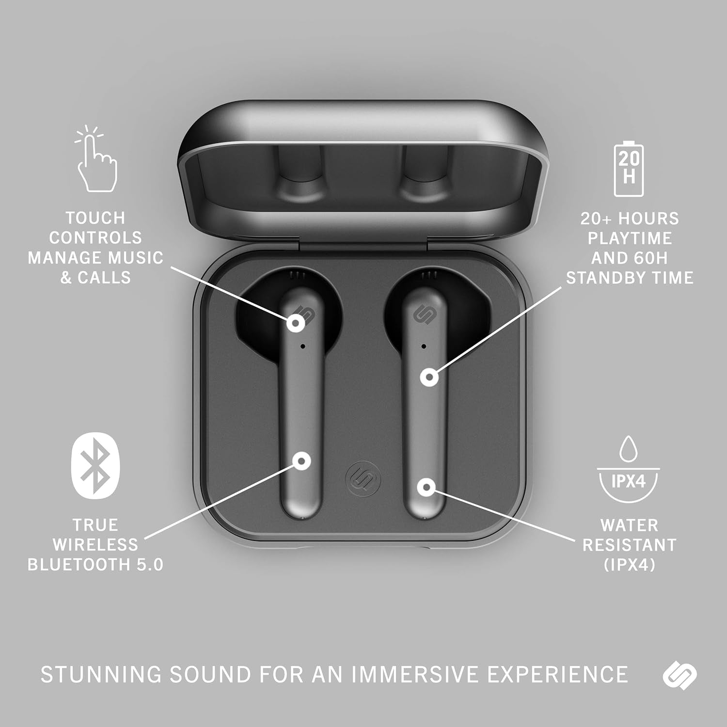 True Wireless Earbuds - over 20 Hours Playtime, IPX4 Waterproof Earphones, Bluetooth 5.0 Headphones, Touch Controls & Enhanced Microphone for Clear Calling, Stockholm Plus, Titanium