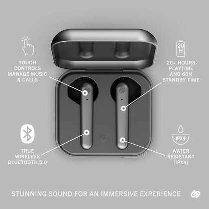 True Wireless Earbuds - over 20 Hours Playtime, IPX4 Waterproof Earphones, Bluetooth 5.0 Headphones, Touch Controls & Enhanced Microphone for Clear Calling, Stockholm Plus, Titanium